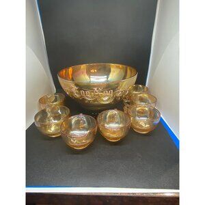 Jeanette Glass Peach Lustre “egg nog” Punch Bowl with 7 cups Carnival Glass